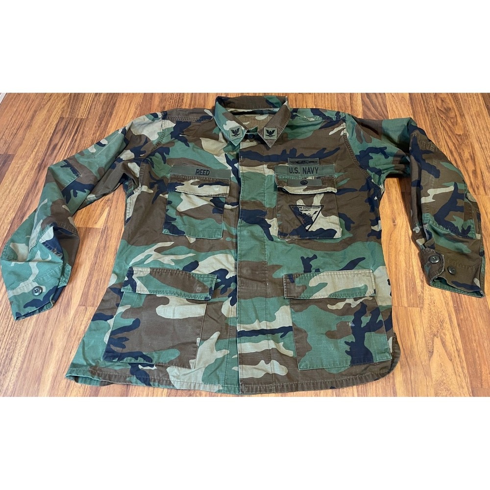 US Navy Woodland Camo BDU Shirt Jacket Ripstop Maritime Expeditionary Security L